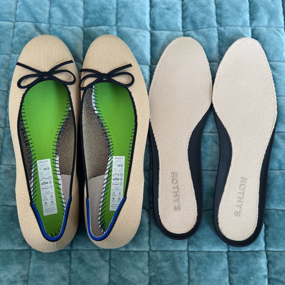 Rothy's The Ballet Flat in Beige & Black with Bow Neutral Earth-Friendly - Picture 8 of 12